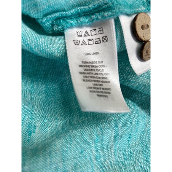 Sigrid Olsen ButtonUp Tunic Turquoise Linen  Ruched Collar Roll Tab Sleeve Beach - Picture 4 of 6